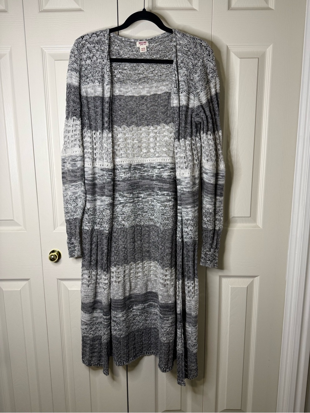 Long Open-Front Striped Knit Cardigan Sweater - Gray